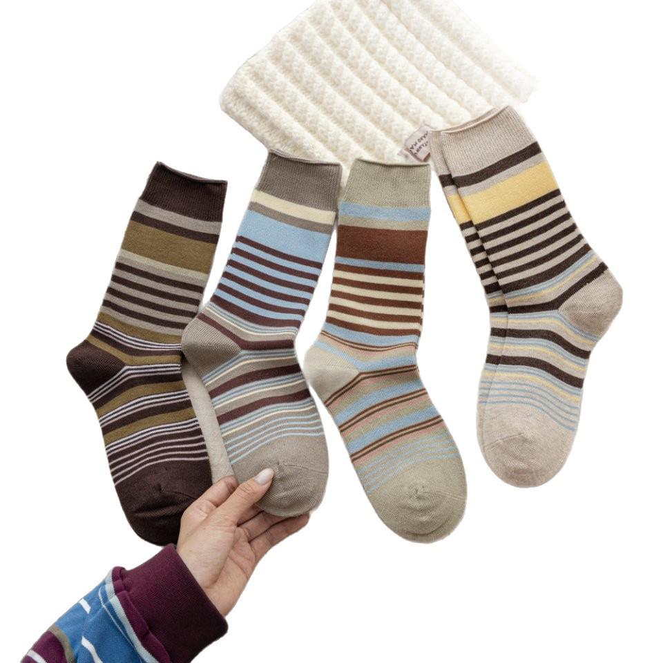 Korean Retro Mori Color Block Striped Mid-Calf Socks - Women's Breathable Autumn/Winter Birkenstock Double-Needle Scrunch.