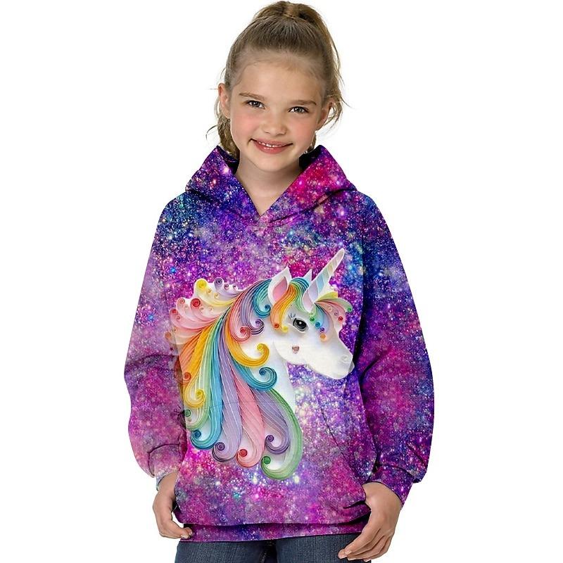 Girls' 3D Animal Unicorn Hoodie Long Sleeve 3D Print Spring Fall Fashion Streetwear Adorable Kids 3-12 Years Outdoor Daily Indoor Regular Fit