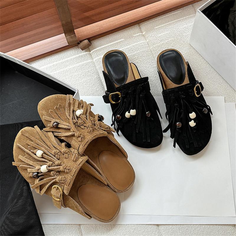 Fashion New Summer Slippers Cow Suede Slippers for Women Fashion Tassel Decoration Mules Round Toe Low Heels Cover Toe Slippers Sandals