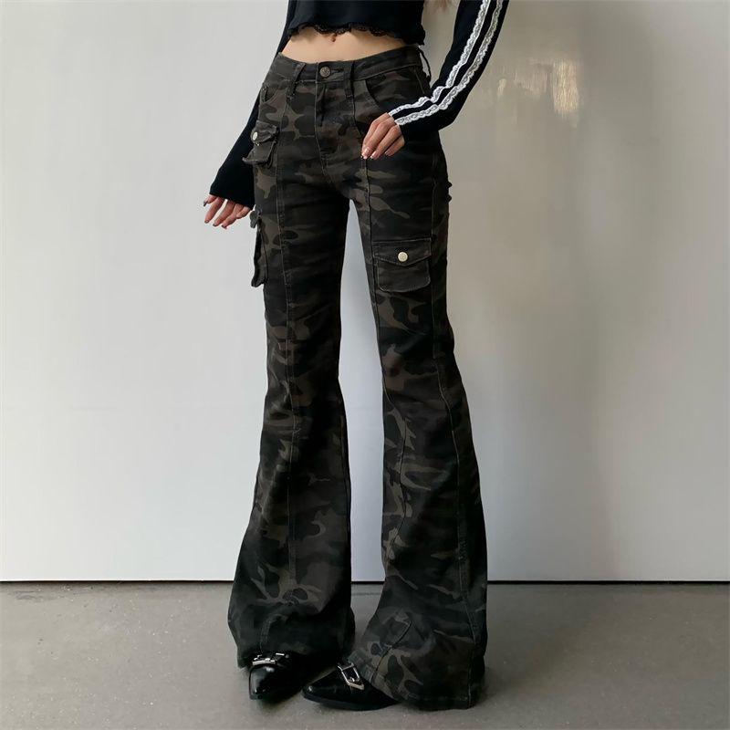 Women s High Waist Camouflage Flare Jeans: Plus Size, Loose Fit, Slimming Design, American Horseshoe Style. 3XL камуфляжный