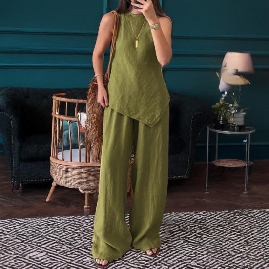 Damen Unregelmäßiger Saum 2-teiliges Outfit Ärmelloses Oberteil mit Rundhalsausschnitt Weites Bein