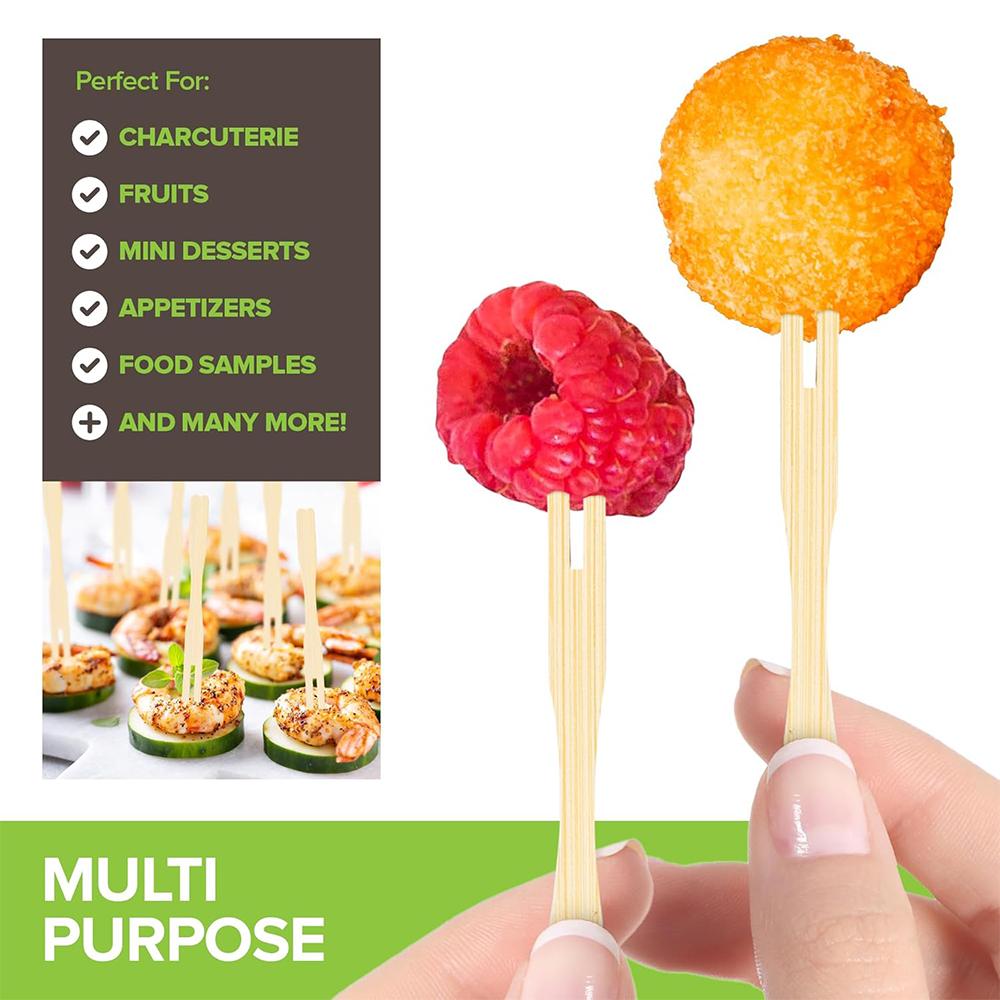 LMETJMA 100Pcs Mini Bamboo Fruit Forks Disposable Cocktail Food Forks Party Appetizer Picks Forks Wooden Toothpicks Fork JT297