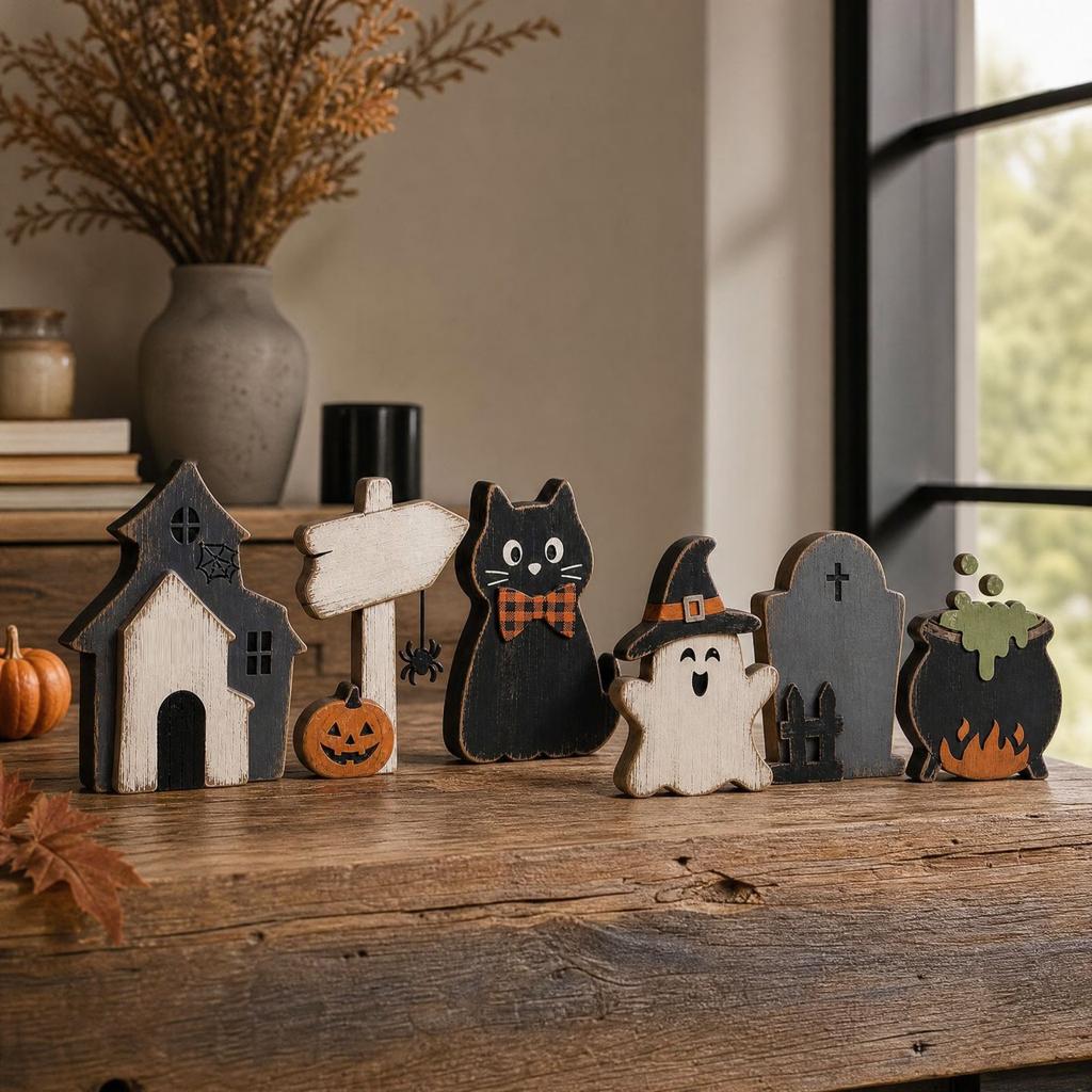 Halloween Wooden Witch Hat and Pumpkin Tabletop Decor for Home