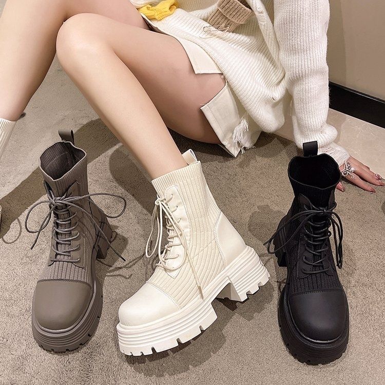 Martin boots women's 2025 spring and autumn new short tube thick-soled elastic boots medium tube boots gray upgraded version beige upgraded version