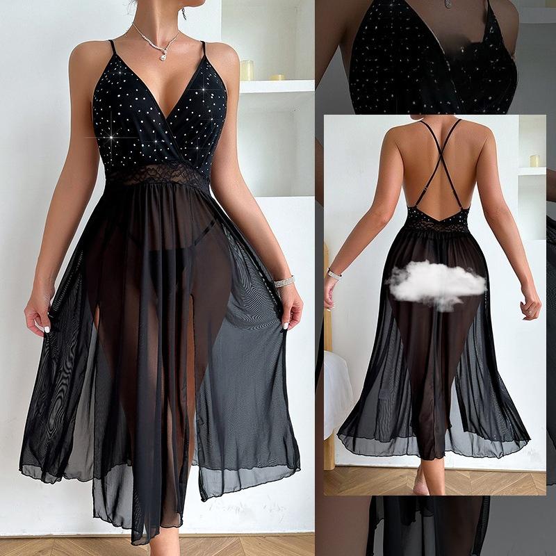 

Hot Drilling Mesh Cami Nightgown Deep V High Slit Solid Color Sexy Long Loungewear 713 Sparkly Daring Sleepwear Adorned with Shiny Rhinestone Details L