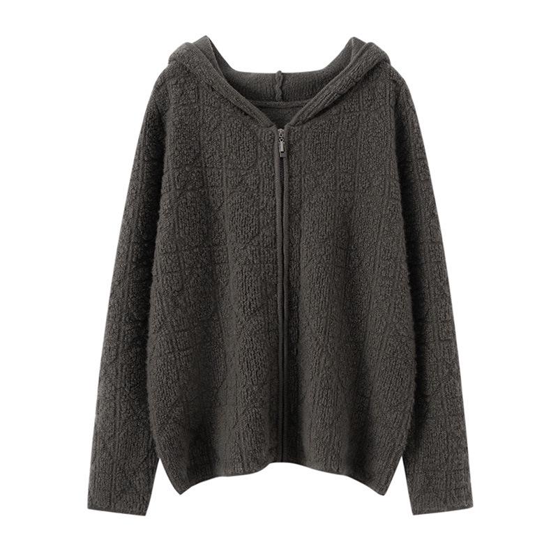 Women's Retro Cashmere Hooded Knit Sweater - Autumn/Winter Loose Zip Cardigan