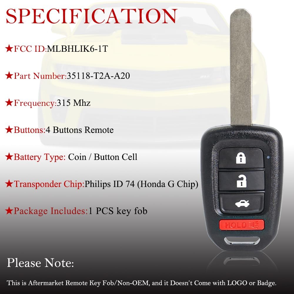 MechanMagic Key Fob Remote Replacement Fits for Honda Civic 2014 2015/Accord 2013-2015 MLBHLIK6-1T Keyless Entry Remote Control Uncut 4 Buttons 315