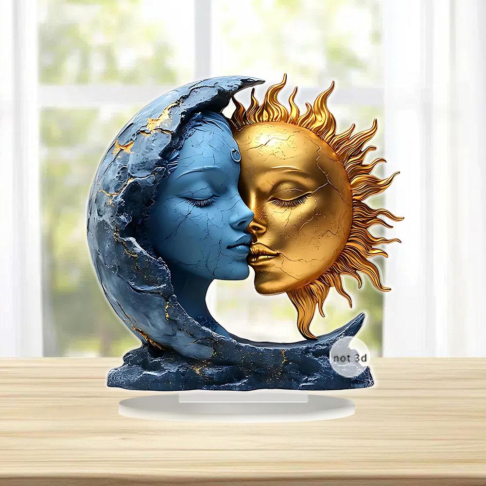 1-Piece Moon and Sun Shaped Ornament, Blue Moon and Golden Sun, 2D Flat Acrylic Home Desktop Holiday Decoration, Essential Decorations for