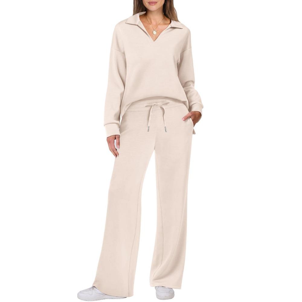Suéter de cuello en V de manga larga deportivo informal de moda de otoño e invierno para mujer, pantalones de pierna ancha, traje de dos piezas