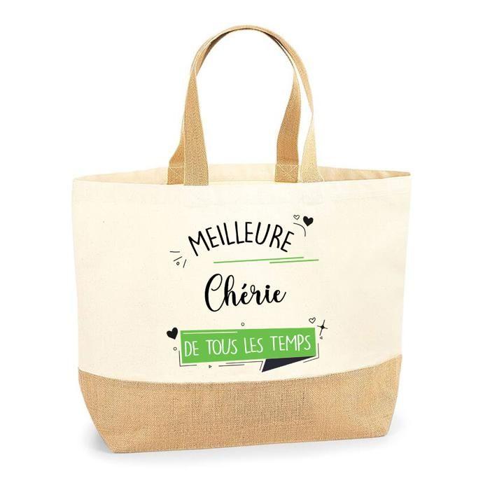 Tote bag en jute - PLANETEE - Chérie Meilleure de tous les temps - Impression texte - Poignées solides - Éco-responsable