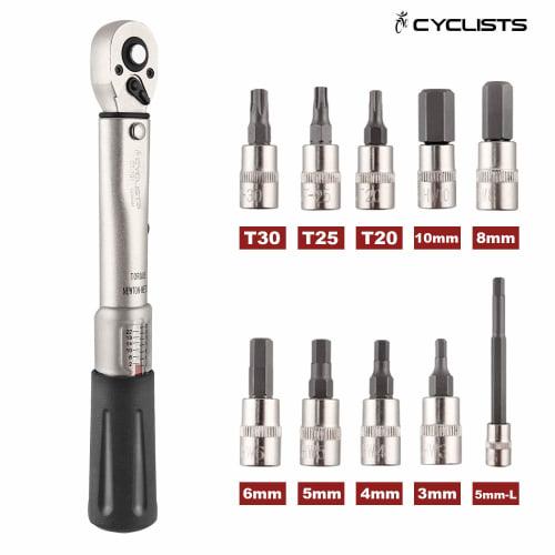 CYCLISTS Bicycle Torque Wrench Set, 6.35mm (1/4") Drive, 2-24Nm, 3/4/5/6/8/10mm, 5mm-L, T20, T25, T30 Sockets, Preset Type, Includes Dedicated Storage