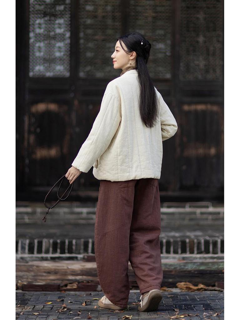 Silent Recitation: Women's Retro Quilted Vertical Stripe Cotton Jacket with Stand-up Collar and Frog Buttons