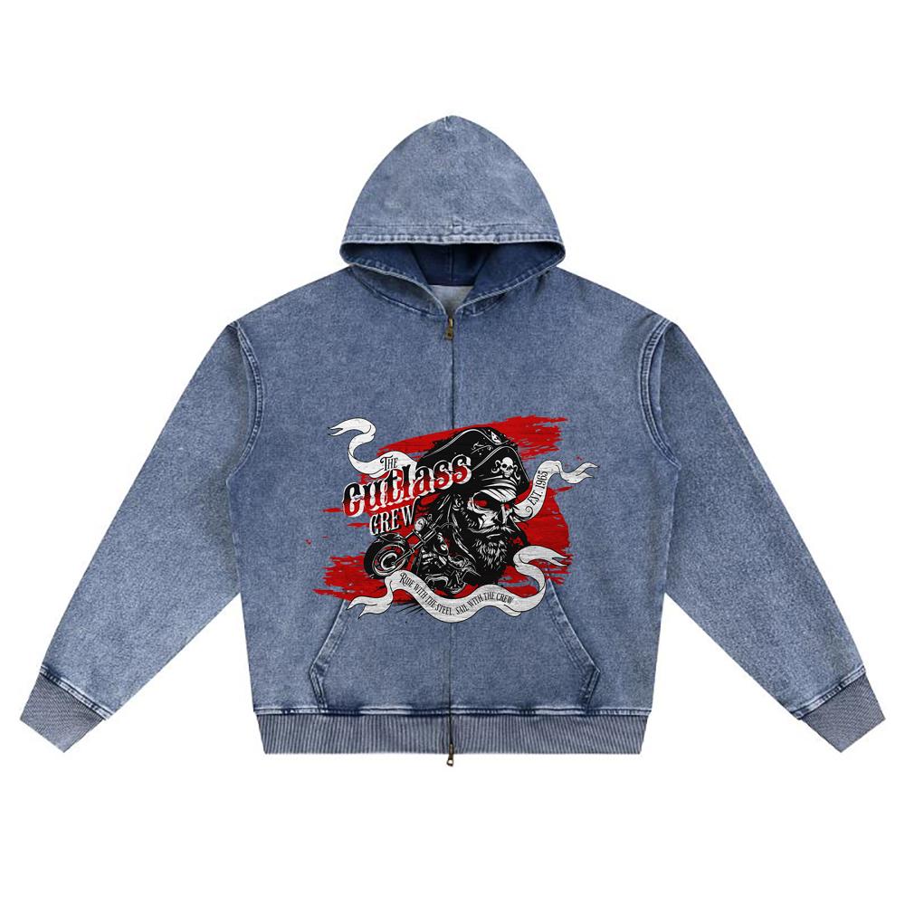 DTG Print Knitted Denim Zip-Up Hoodie Streetwear Motorcycle Brother Print Zipper Hoodies  