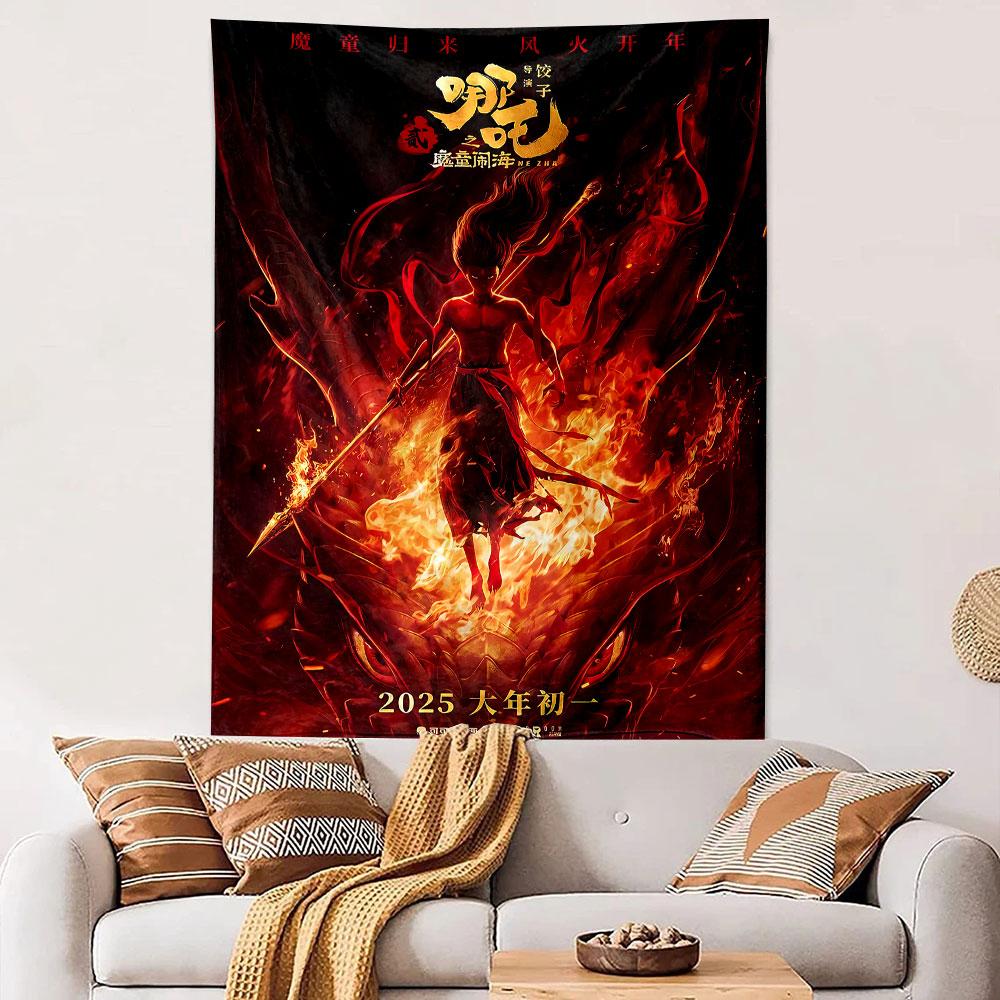 Nezha 2025 Tapestry Wall Hanging, Chinese Myth Movie Art, Epic Animation Wall Decor for Bedroom Dorm