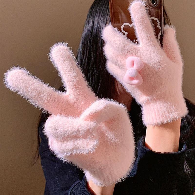 Cute Sweet Bow Plush Gloves Cold-Proof Gloves Student Winter Warm Five-Finger Gloves Women Fashion Accessories Christmas Gifts