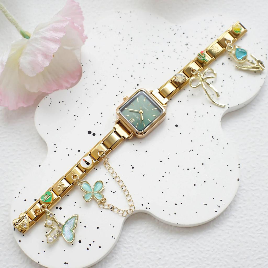 Italian Charm Bracelet Watch Stainless Steel Square Module Bracelet Watch Diamond Pendant 9mm Italian Charm Watch for Women