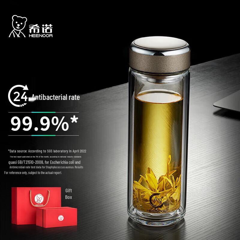 Ceno Antibacterial Double-Layer Glass Water Bottle 350ml