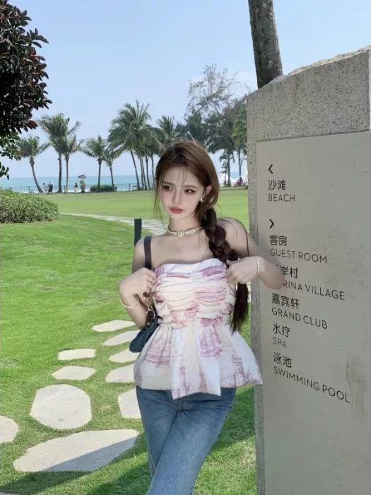 Sweet and Spicy Ink Printing Chiffon Tube Top Women's Summer French Waist Vest, Sleeveless Skirt Top