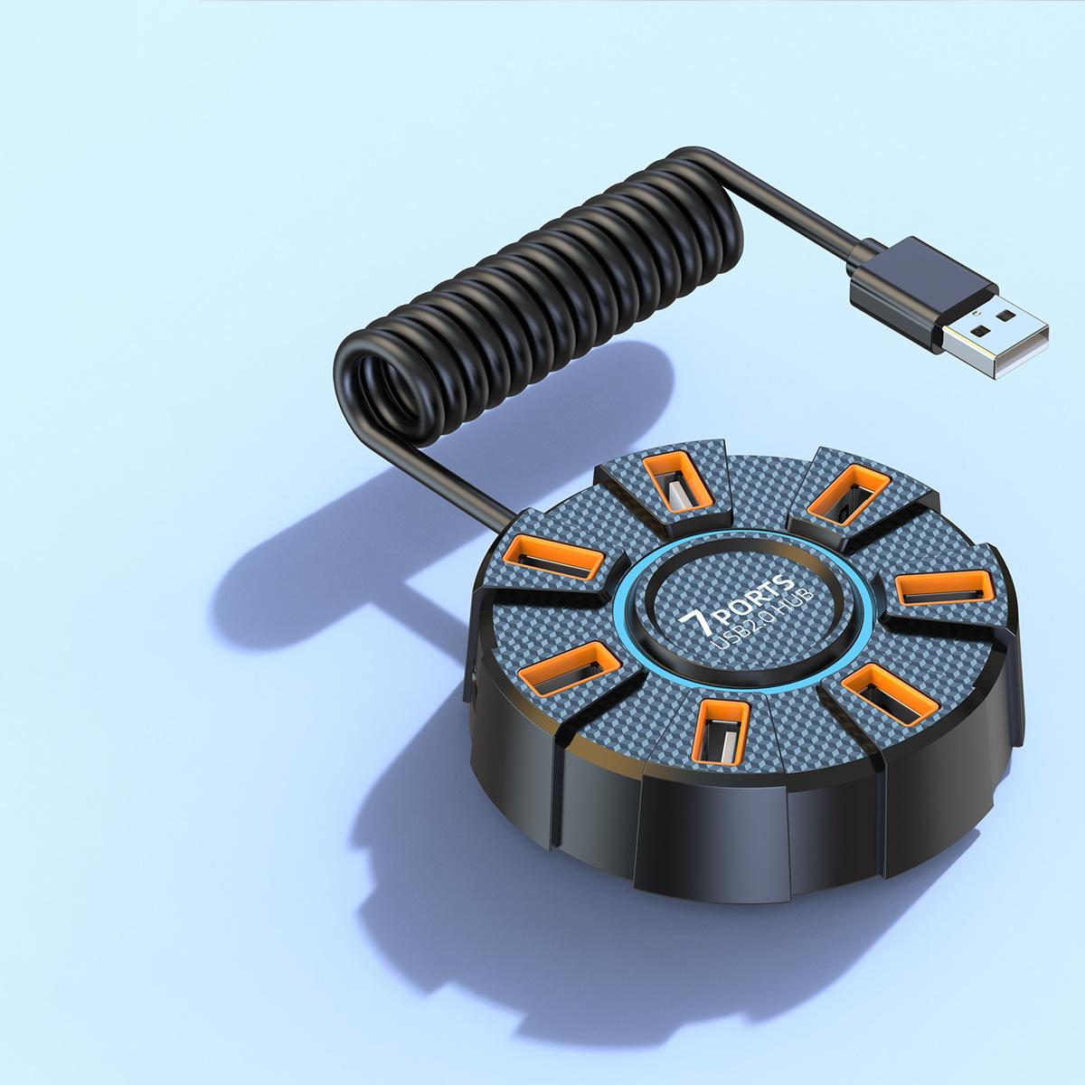 Цветная подсветка Высокоскоростной семипортовый USB 2.0 хаб, Док-станция  один к семи  с возможностью внешнего питания 7 ports 2.0 black 0.6 meters