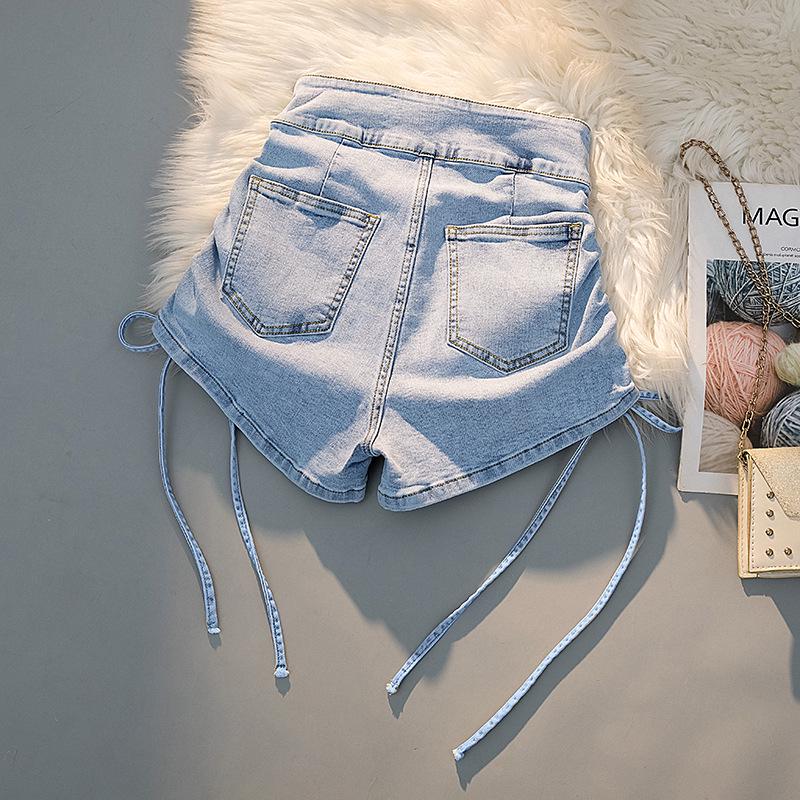Dámské letní džínové šortky s vysokým pasem a šněrováním - Slim Fit, Obepínající hýždě, Trendy, Elastické Super Krátké Hot Pants