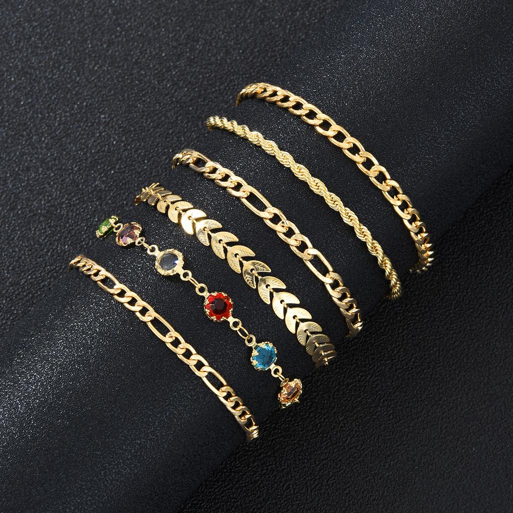 6Pcs/Set Gold Color Twisted Cuban Chain Anklet Set For Women Fashion Summer Colorful Zircon Anklet Beach Party Jewelry Gifts New