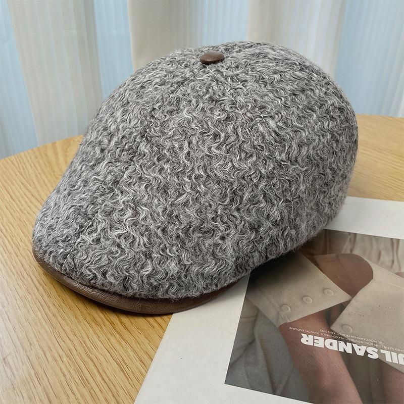 Woolen forward hat women's autumn and winter solid color retro versatile duck tongue newsboy hat warm face small painter hat