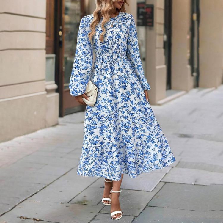 Rochii de vară casual pentru femei, cu imprimeu floral, mâneci lungi, gât rotund, croială A-line, talie înaltă elastică, lungime până la gleznă, rochii de primăvară largi