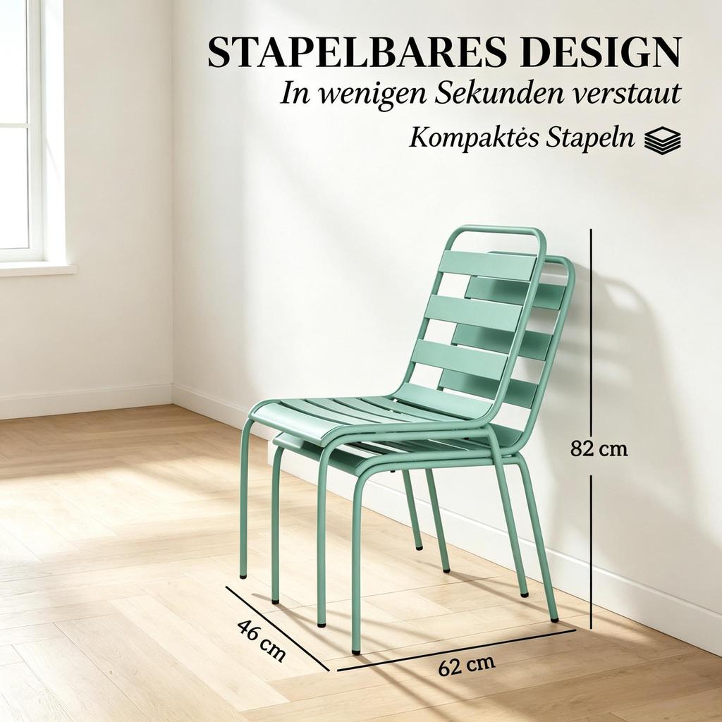 Set of 2 Stackable Garden Chairs Made of Metal, Green Balcony Chairs Patio Chairs Weatherproof for Garden, Terrace and Balcony