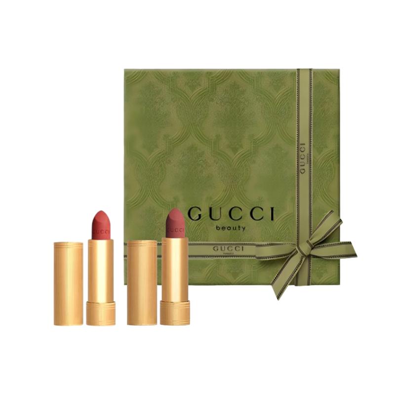 Набор макияжа Gucci Золотой тюбик двухцветная помада, подарочная коробка для помады, легко наносится, осветляет тон кожи, улучшает Бархатный туман#217+Бархатный туман#208 золотой