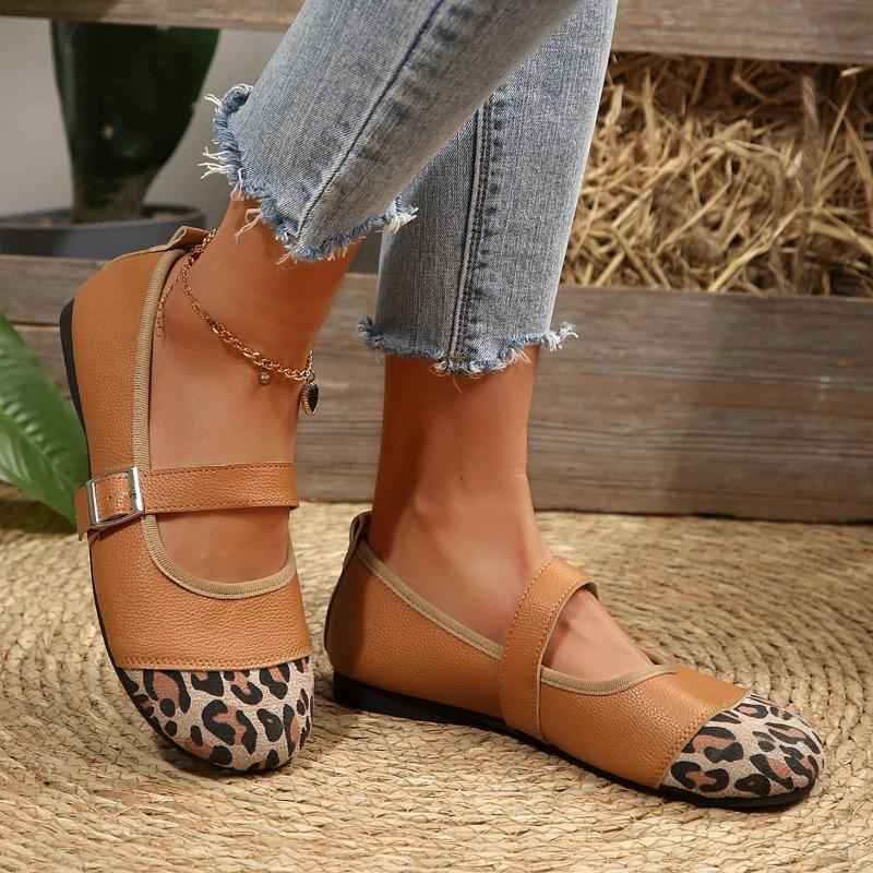 Leopard Mary Janes Women Shoes Flats 2025 New Round Toe Casual Breathable Retro Outdoor Flat Shoes Large Size 36-43