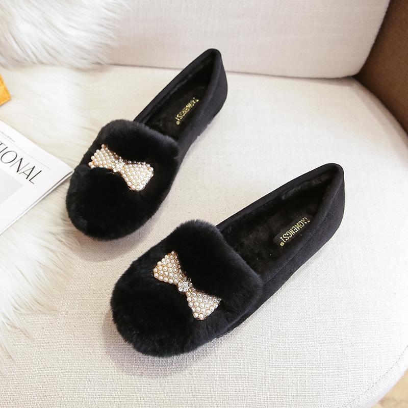 

T52 теплые хлопковые туфли женские модели осень-зима 2025 года Xiaoxiangfeng женские туфли из кроличьего меха на плоской подошве ленивые туфли женские 38 чёрный
