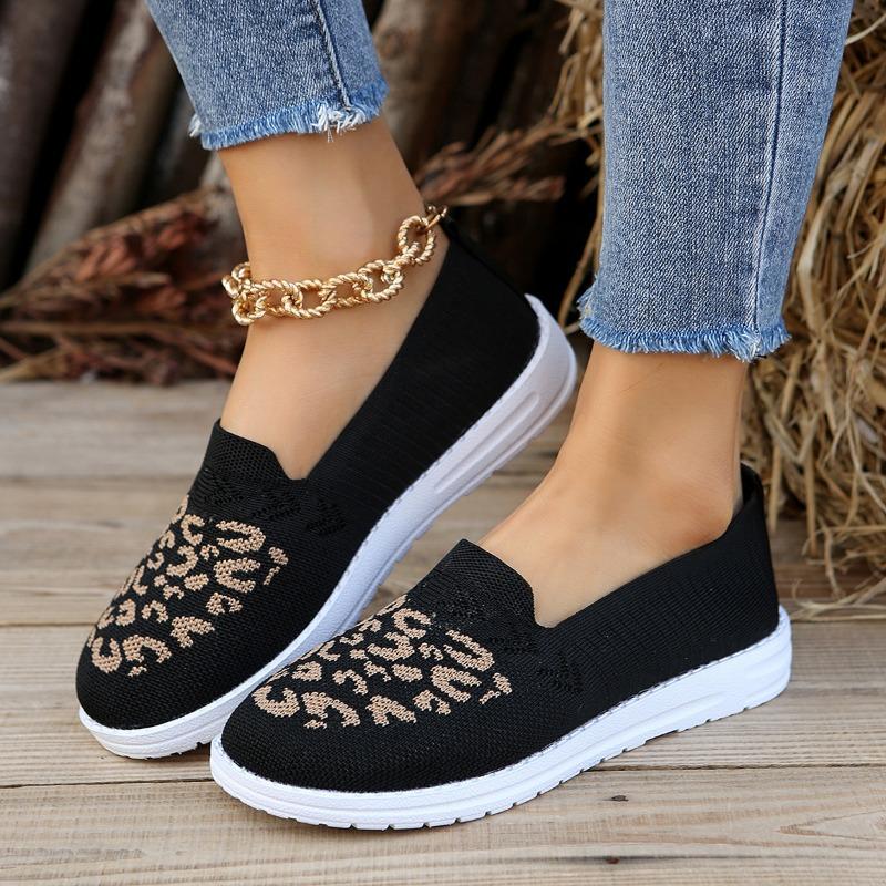 Round Head Low Heel Fly-woven Mesh Single Shoes Women's Breathable Color Matching Leopard Print Flat-bottomed Footwear