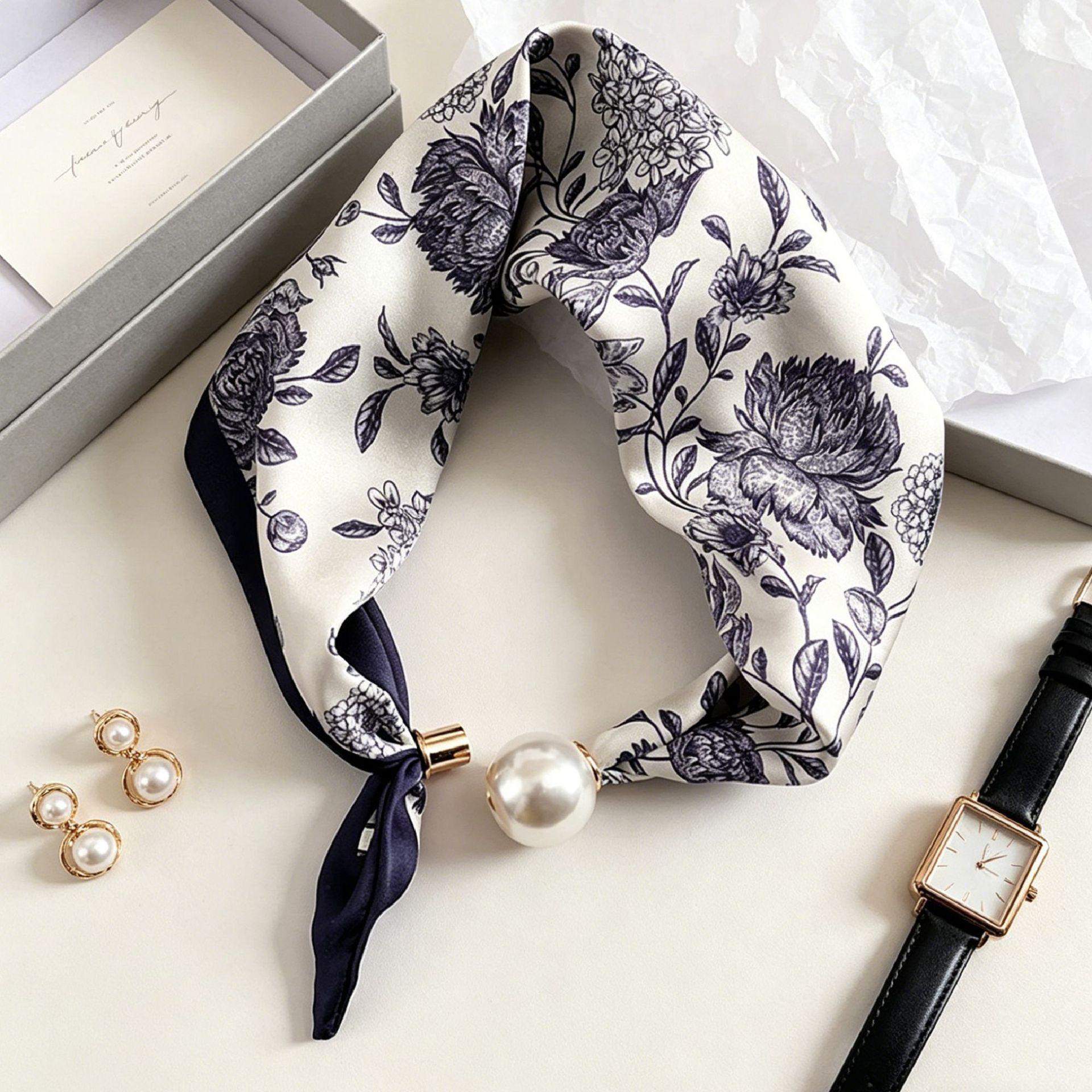 Luxe Zomer Dun Parel Vrouwen Zijden Sjaal Magnetische Gesp Lui Sjaal Meisjes Zoet Elegant Hanger Sleutelbeen Ketting Nek Sjaals 47X13cm gray
