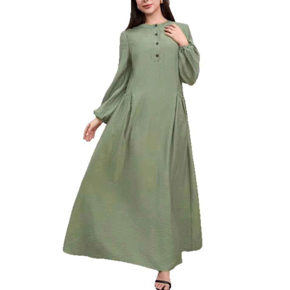 2025 Ethnic Style Muslim Long-Sleeved Robe - Solid Color, Loose Fit Dubai Dress for Women