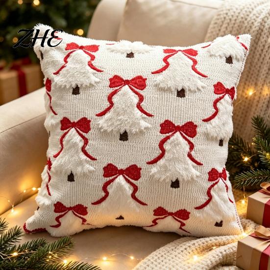 Cozy Knitted Plush Pillow Covers Christmas Pillowcase, 3D Embroidered Design Soft Throw Decorative Cases Cover, Cushion Cover for Holiday Home