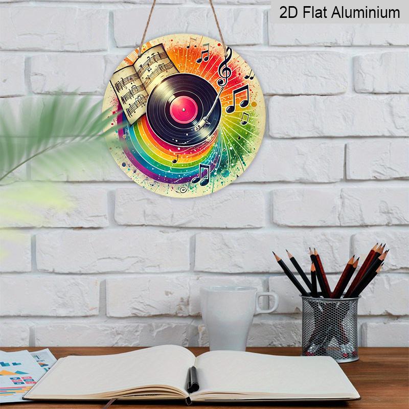 2D Flat - 1pc Vintage Round "Music Film" Metal Sign - Aluminum Wall Art with Vinyl Record & Musical Notes Design, Colorful Retro Decor for Garage