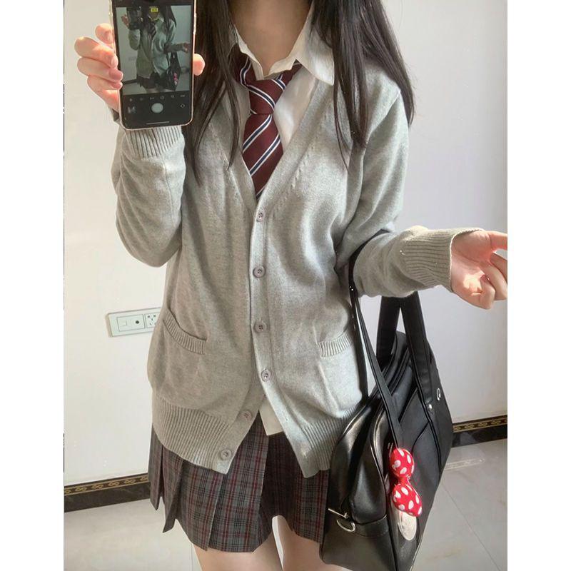 Navy Blue Japanese School Style Women's Cardigan Sweater for Autumn & Winter