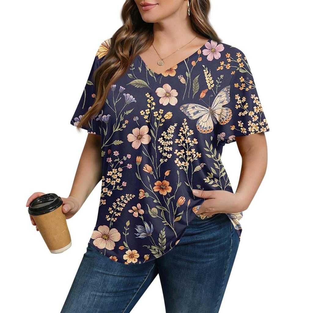 Women's Plus Size Fashionable Casual Loose-Fit Short Sleeve Elegant V Neck Blouse For Work