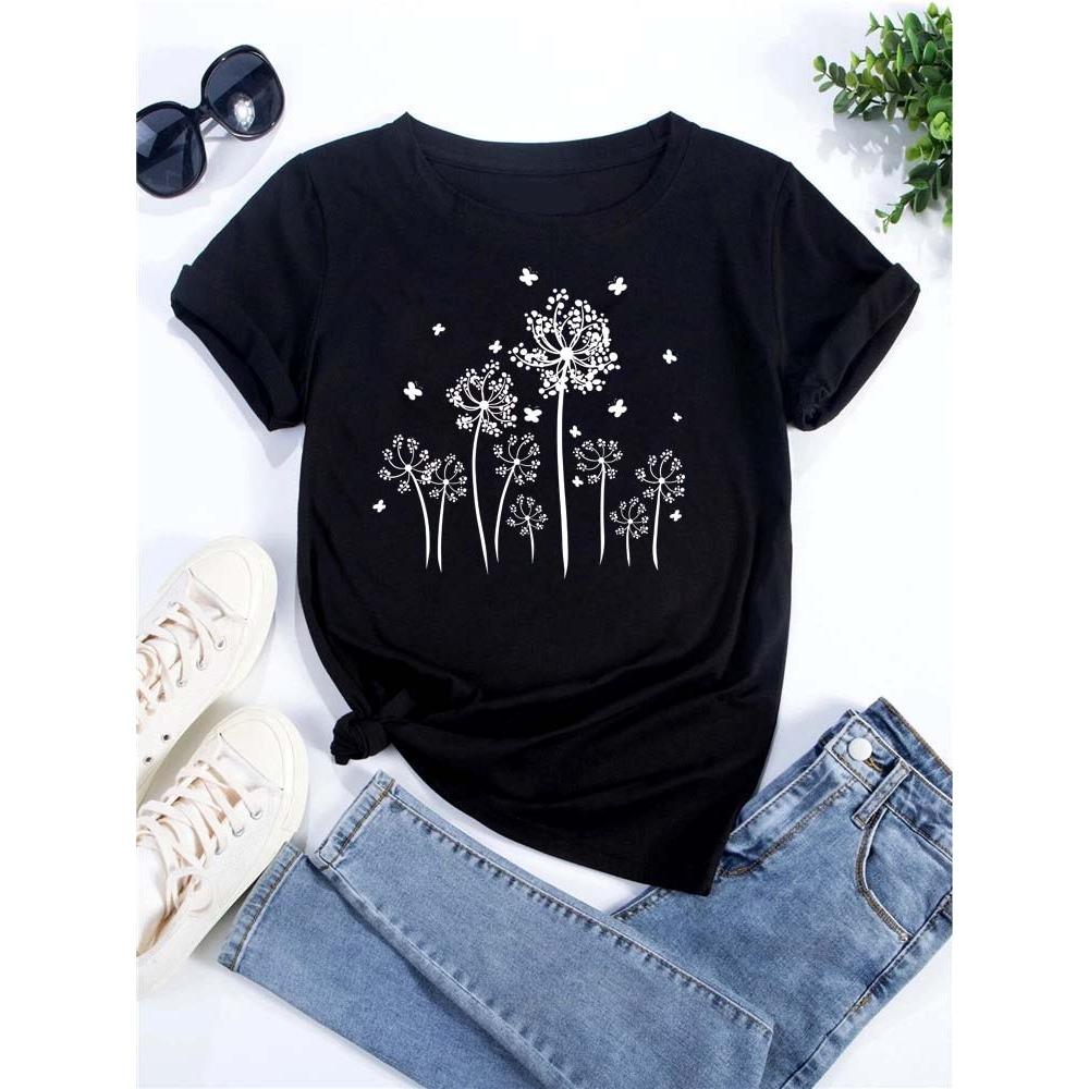 Dandelion graphic printing T-shirt women's summer short-sleeved round neck casual fashion streetwear top
