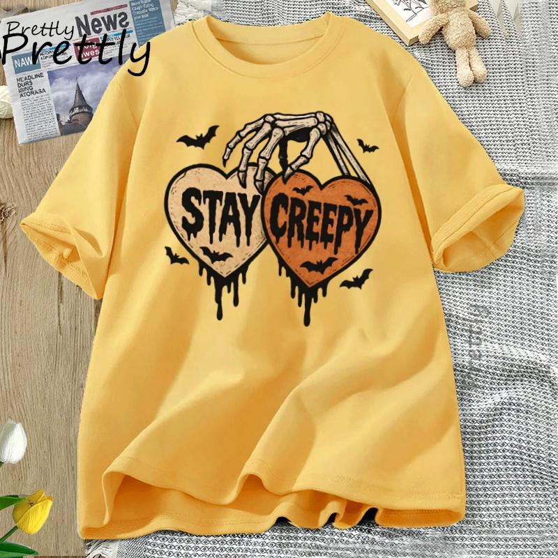 Stay Creepy Tshirt Retro Dripping Heart Halloween Clipart T Shirt Skeleton Hand Spooky Graphic T Shirts FeUnisex Clothing