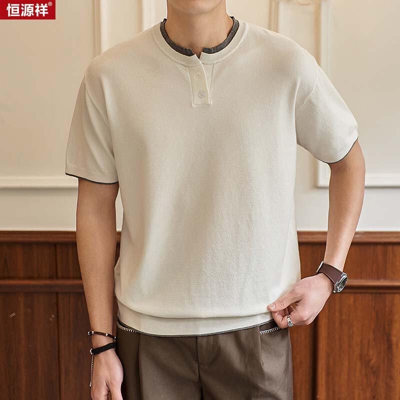 

Hengyuanxiang Men s Mock Two-Piece Color Block Knitted Polo T-Shirt 2XL