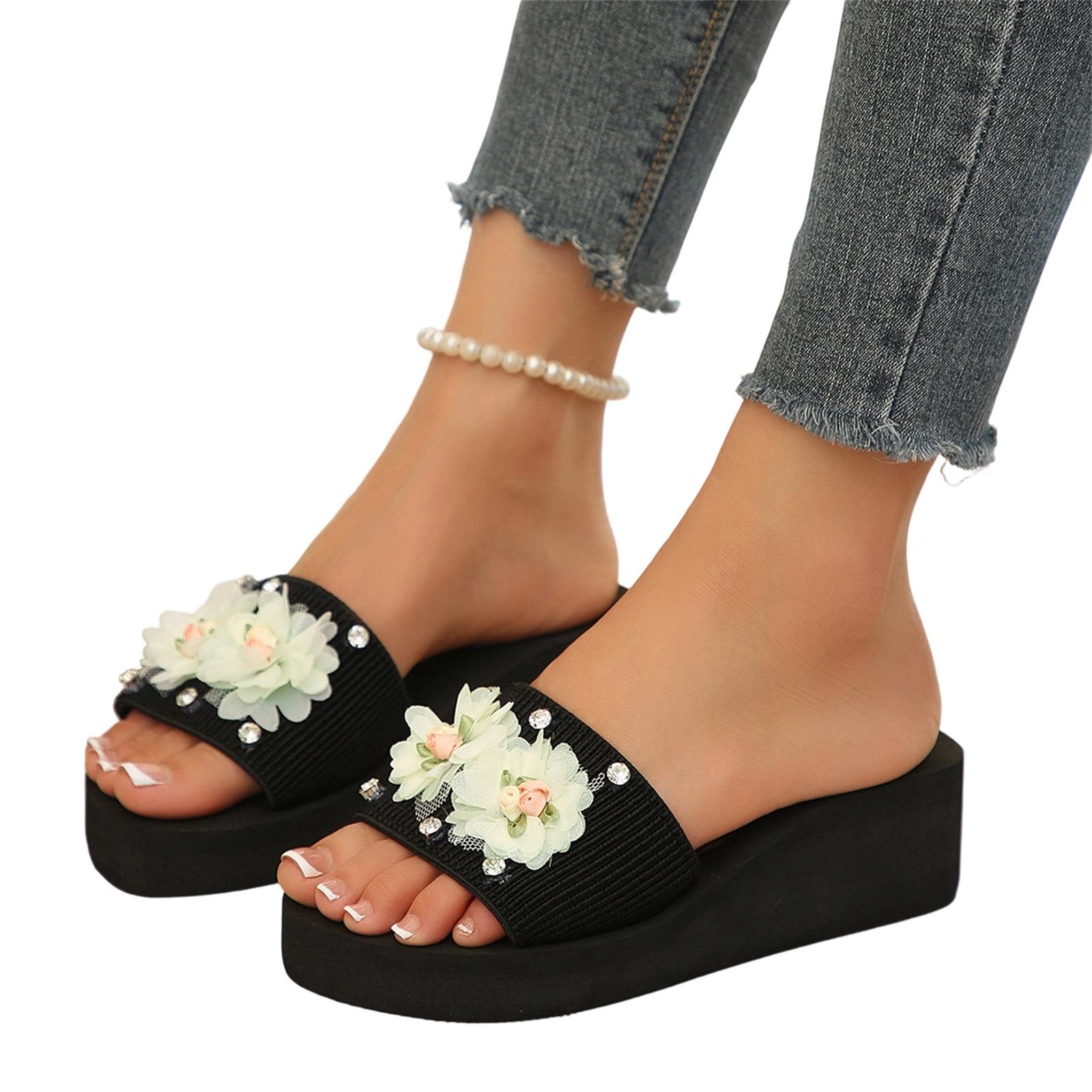 Women s Platform Slide Sandals Floral Embellished Thick Sole Open Toe Casual Slip On Summer Footwear 36 бежевый