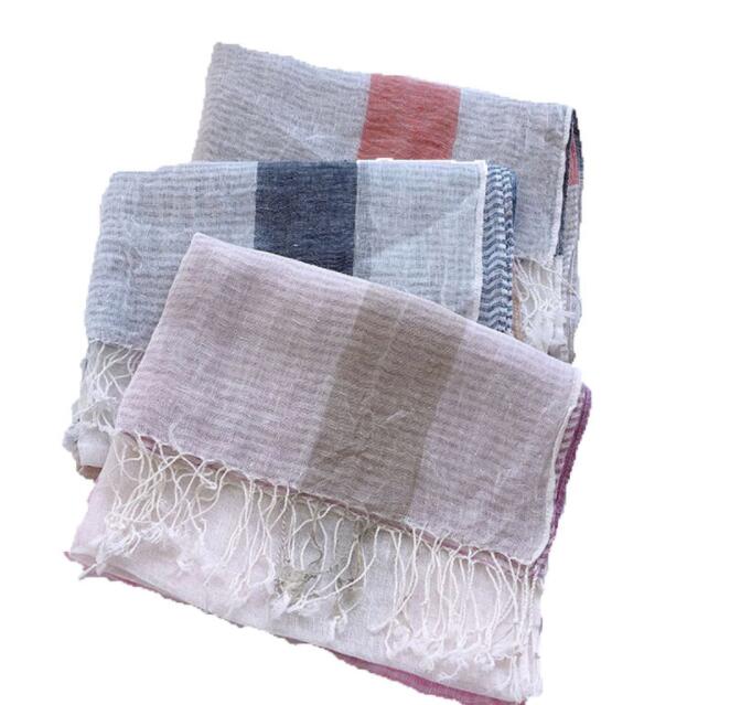 Spring And Summer New Linen Plaid Scarf Long Beach Outdoor Tourism Sunscreen Shawl Women Linen Scarf  And Retail
