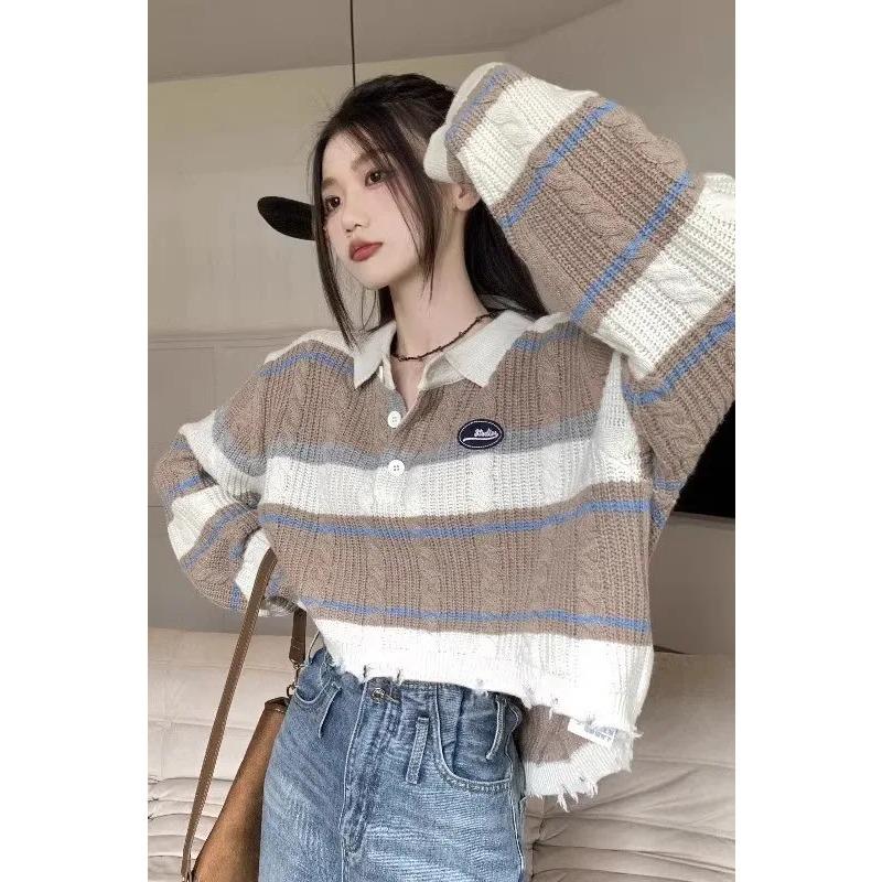 

Свитер в полоску с воротником Короткий рваный свитер Женский дизайн Свободный и ленивый стиль Весенне-осенний топ S хаки