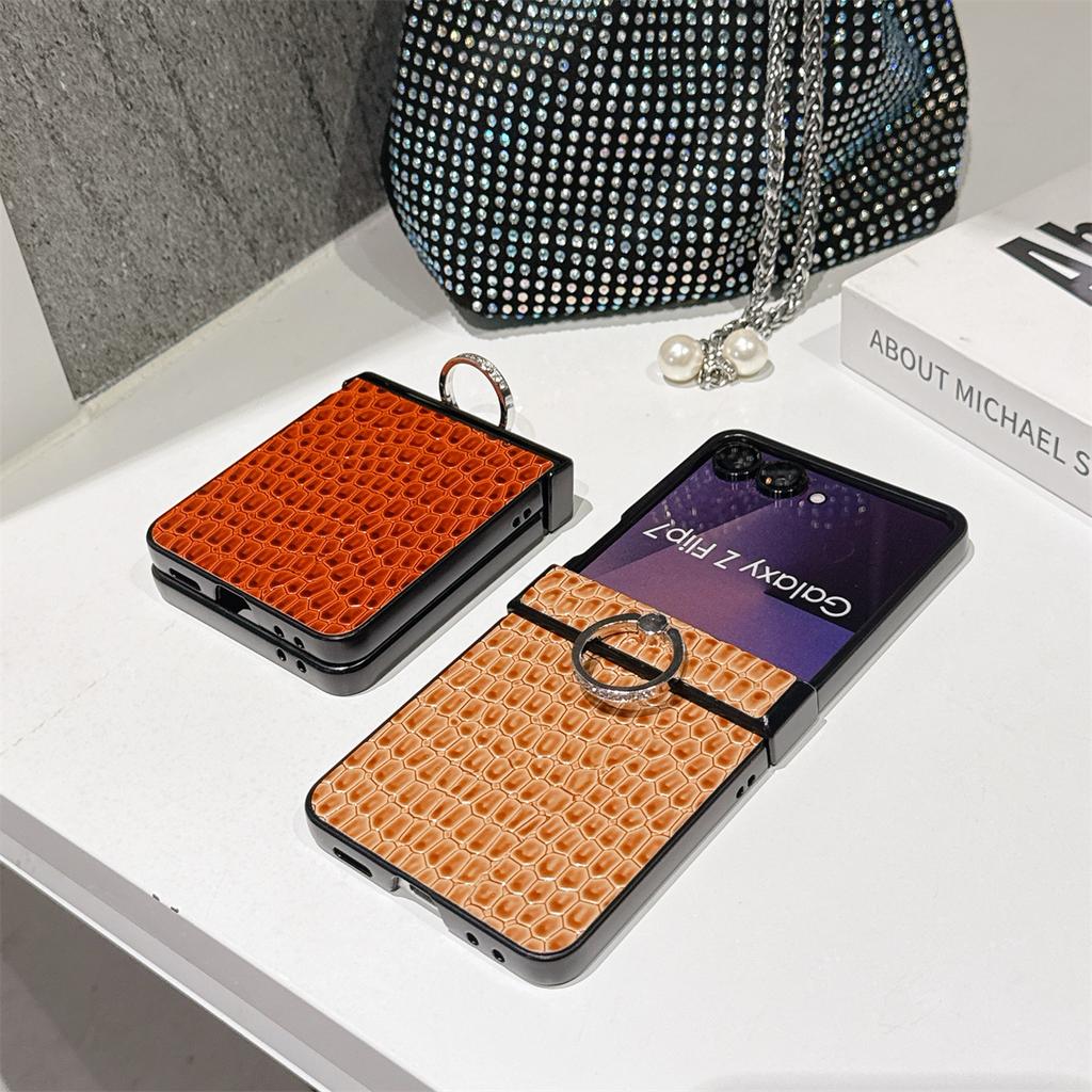 Custodia Nera in Pelle di Coccodrillo Portatile con Anello per Telefono per Samsung Galaxy Z Flip7 6 Flip 5 Flip6 Flip4 3 Flip7 FE Cover Posteriore