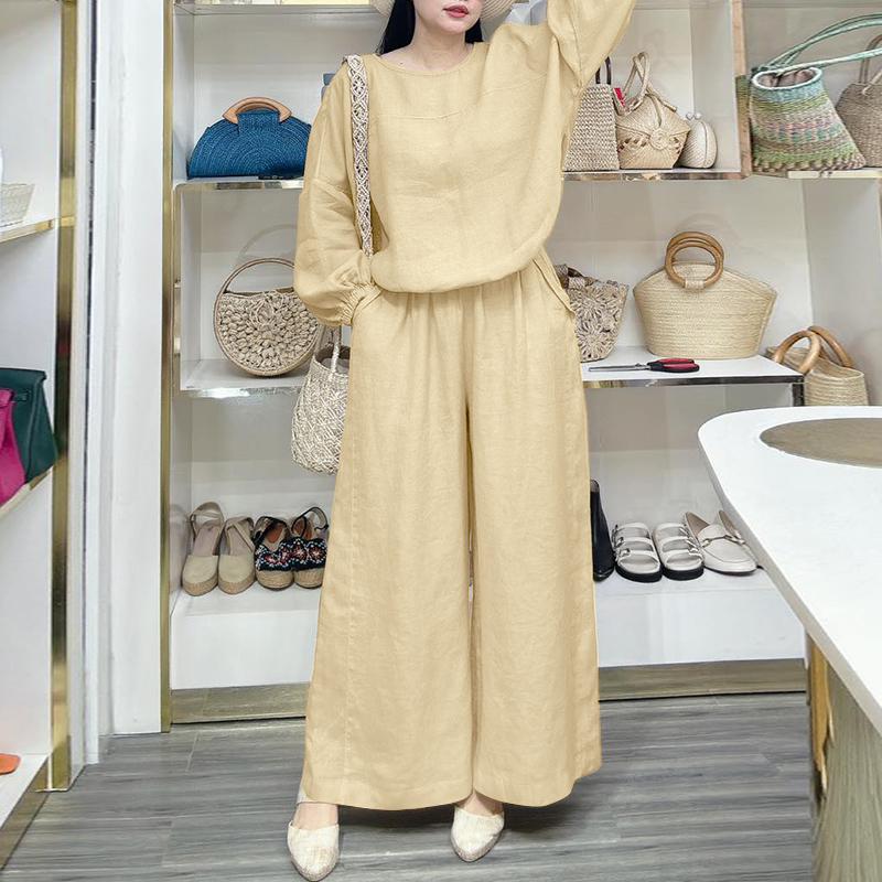 

ZANZEA Женская блузка с длинным рукавом и брюки повседневный комплект из двух частей M абрикосовый