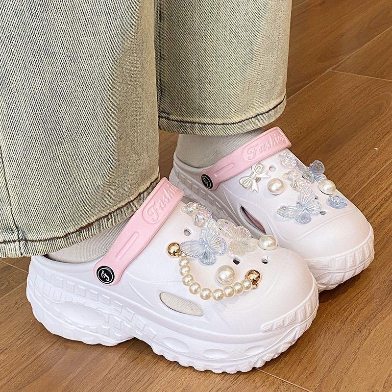 New Beach Removable Thick Bottom Hole Shoes Women's Non-slip Butterfly Outside Wear Heightening EVA Baotou Slippers