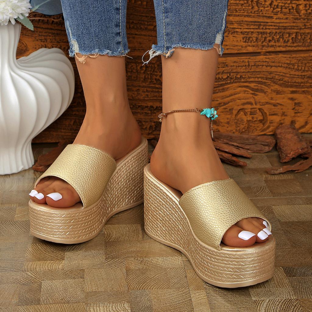 Korean version of wedge heel slippers women's 2025 new fashion muffin mop one-character high heel 9CM light women's shoes wedding dress mop