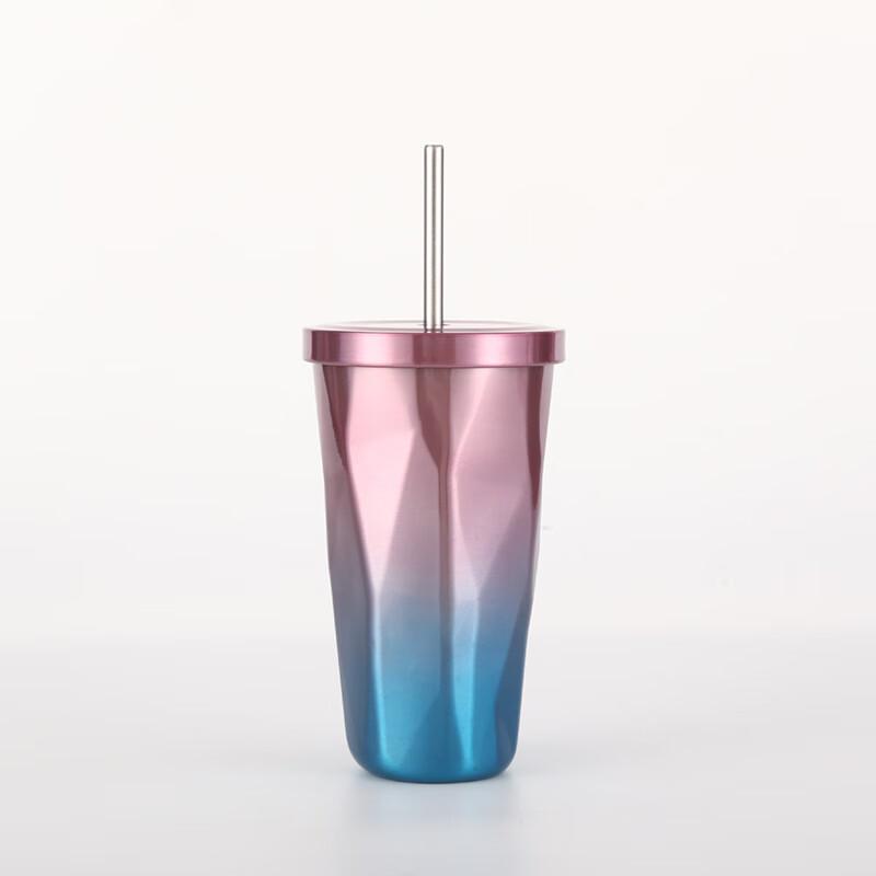 Colorful Diamond Double-Layer Insulated Tumbler with Straw