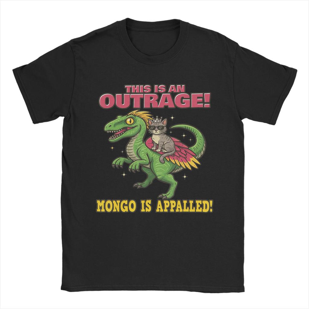 Cat Riding Dinosaur Meme Funny Mongo is Appalled T Shirts Men Cotton Fashion for Male TShirt Round Neck Tees Short Sleeve